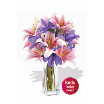 Oriental and Iris Bouquet , 3 Lily and 5 Iris Vase Bouquet