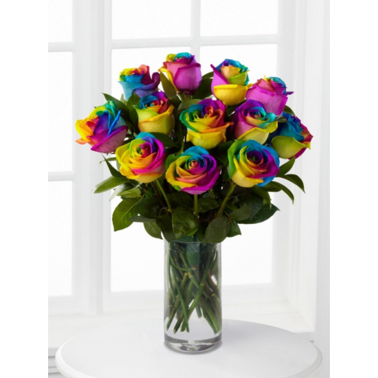 One Dozen Rainbow Roses in Vase
